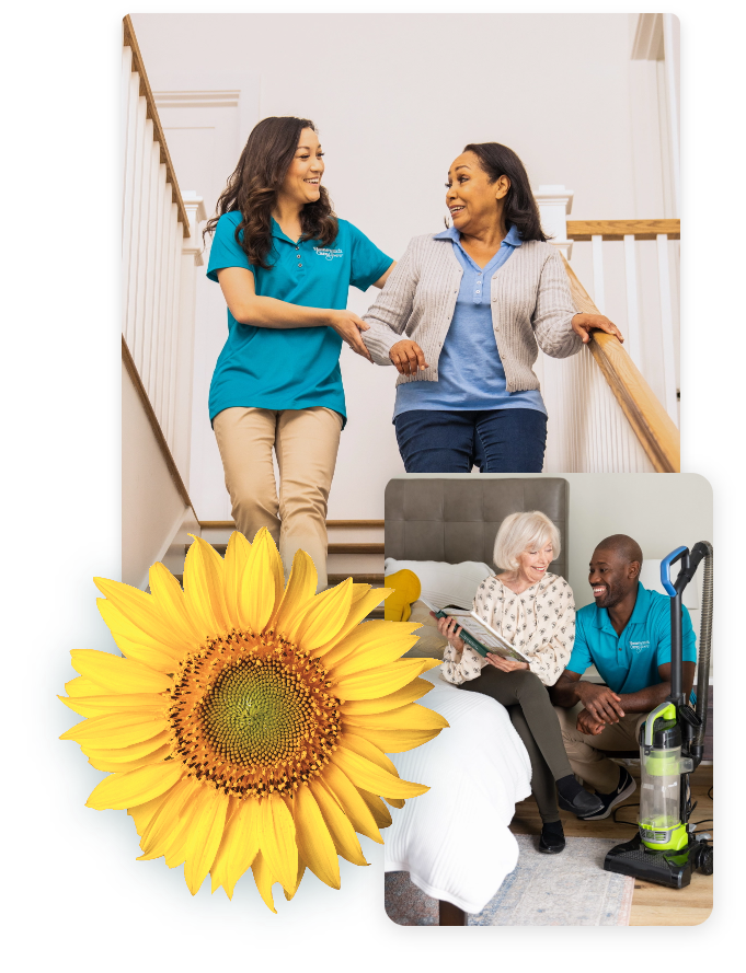 Collage of caregivers assisting people