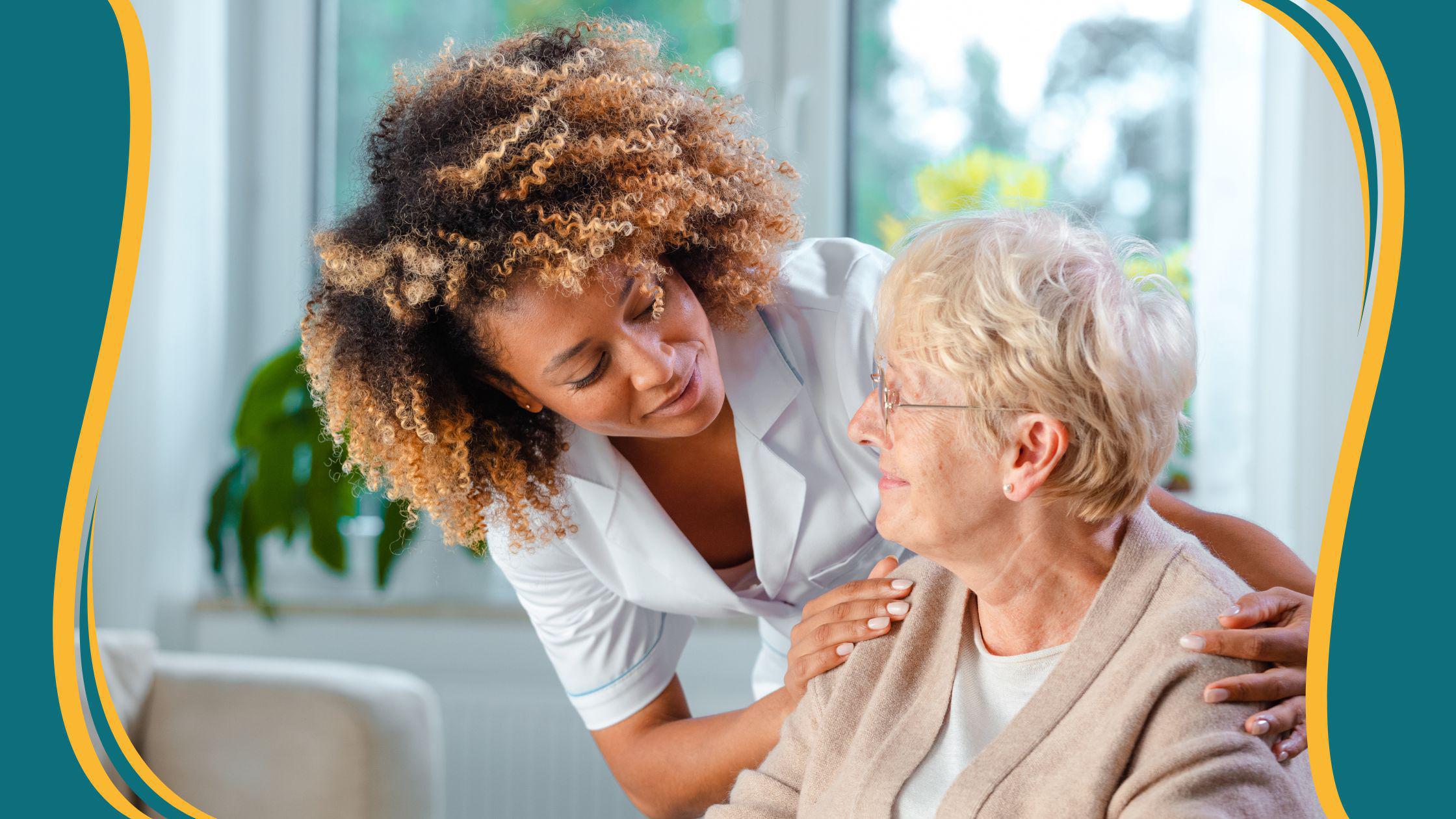 nurse smiling and holding woman's shoulders