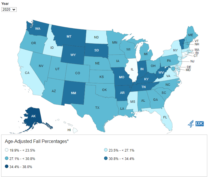 older adult falls reported by state cdc graphic