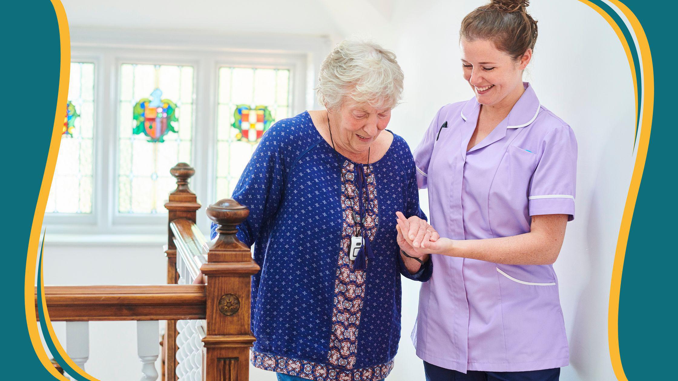 nurse guiding woman around stairs