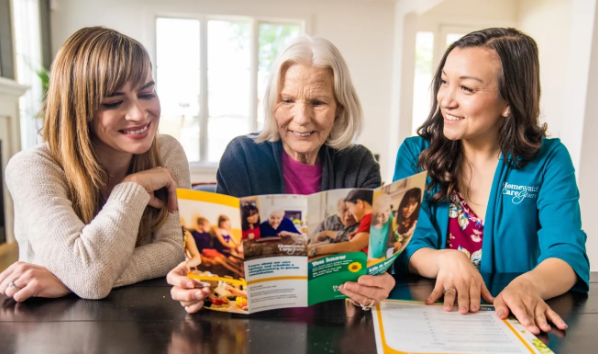three women looking at brochure