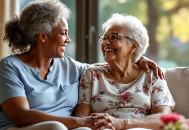 women with gray hair smiling and holding hands
