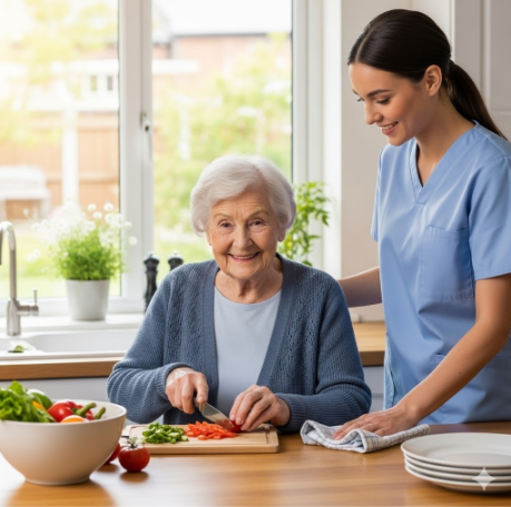 woman sitting at table smiling cutting vegetables with nurse beside her