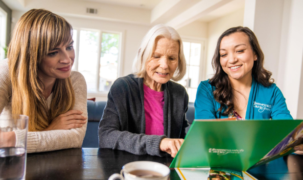 three woman looking at folder together