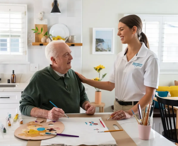 caregiver with hand on mans shoulder while he paints