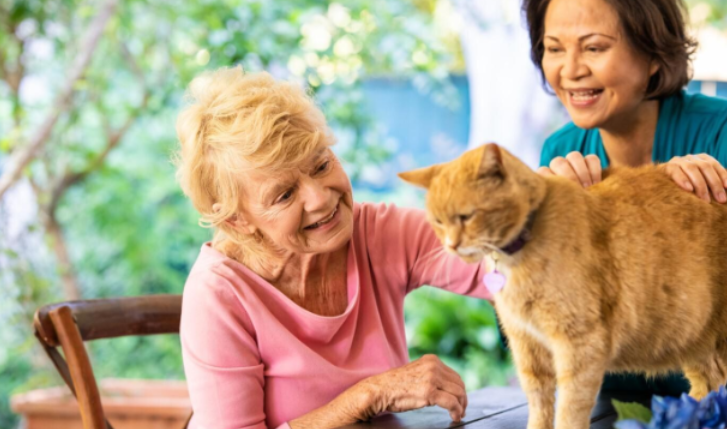 woman petting cat and smiling